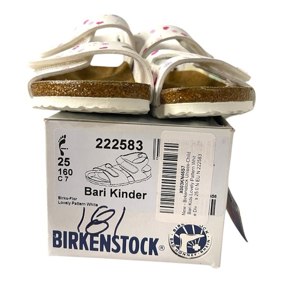 Birkenstock Bari Kinder Sandals – White with Pink Hearts & Flowers